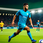 A male professional football player, depicted as a Box-to-Box Midfielder, wearing a vibrant, modest football kit with short sleeves and shorts. He is captured mid-action on a lush green football pitch in a brightly lit, professional stadium, surrounded by blurred stadium lights and a distant crowd, conveying the dynamic energy of a live match. He is in a determined pose, either making a powerful run towards the opponent's half or in the process of winning a tackle, showcasing immense energy and strategic focus. The image emphasizes the player's tireless effort and presence across the field. High-definition professional sports photography, realistic lighting, vibrant colors. safe for work, appropriate content, fully clothed, professional, perfect anatomy, correct proportions, natural pose, well-formed hands, proper finger count, natural body proportions.