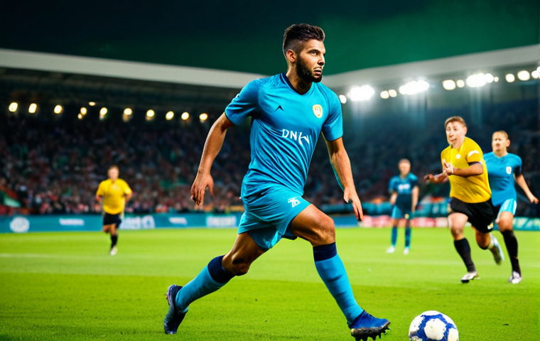 A male professional football player, depicted as a Box-to-Box Midfielder, wearing a vibrant, modest football kit with short sleeves and shorts. He is captured mid-action on a lush green football pitch in a brightly lit, professional stadium, surrounded by blurred stadium lights and a distant crowd, conveying the dynamic energy of a live match. He is in a determined pose, either making a powerful run towards the opponent's half or in the process of winning a tackle, showcasing immense energy and strategic focus. The image emphasizes the player's tireless effort and presence across the field. High-definition professional sports photography, realistic lighting, vibrant colors. safe for work, appropriate content, fully clothed, professional, perfect anatomy, correct proportions, natural pose, well-formed hands, proper finger count, natural body proportions.