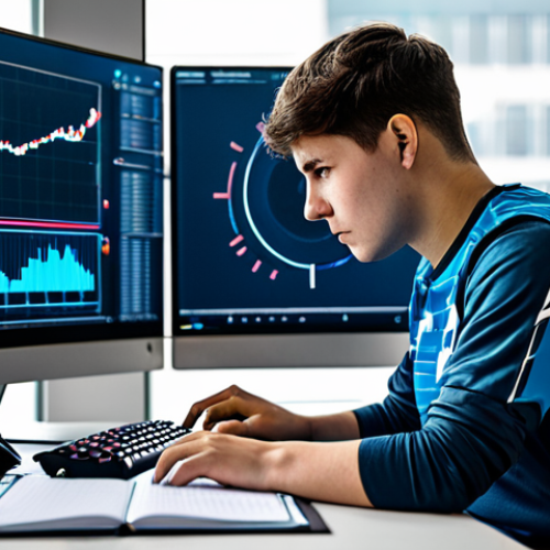 A young adult, male or female, with a determined yet thoughtful expression, wearing a modest, professional gaming jersey, sitting at a clean, modern gaming desk. On the monitor, abstract charts and diagrams representing strategic planning and progress are visible, without any specific game branding. The individual is holding a pen and looking at a notebook, meticulously planning their next steps. The background is a well-lit, organized gaming room with subtle, abstract digital patterns, suggesting a focused environment. The overall atmosphere is one of deep concentration and strategic thinking. Fully clothed, appropriate attire, safe for work, professional, perfect anatomy, correct proportions, natural pose, well-formed hands, proper finger count, natural body proportions, high-quality professional photography.