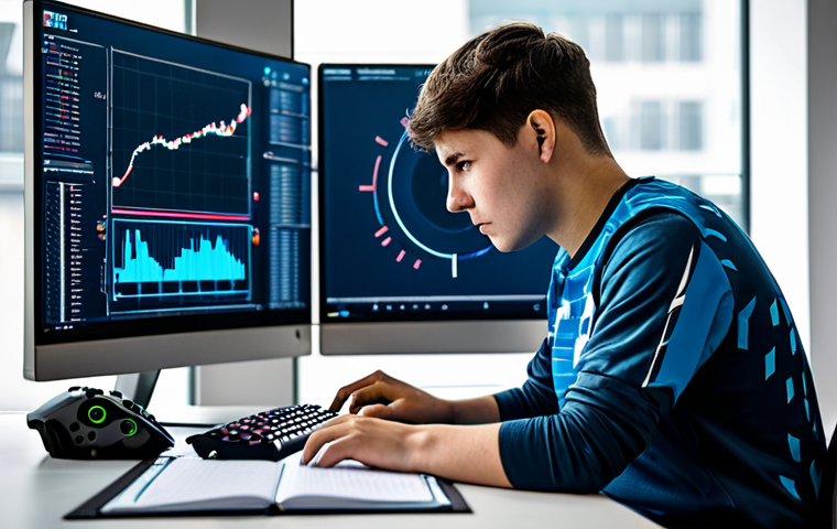 A young adult, male or female, with a determined yet thoughtful expression, wearing a modest, professional gaming jersey, sitting at a clean, modern gaming desk. On the monitor, abstract charts and diagrams representing strategic planning and progress are visible, without any specific game branding. The individual is holding a pen and looking at a notebook, meticulously planning their next steps. The background is a well-lit, organized gaming room with subtle, abstract digital patterns, suggesting a focused environment. The overall atmosphere is one of deep concentration and strategic thinking. Fully clothed, appropriate attire, safe for work, professional, perfect anatomy, correct proportions, natural pose, well-formed hands, proper finger count, natural body proportions, high-quality professional photography.