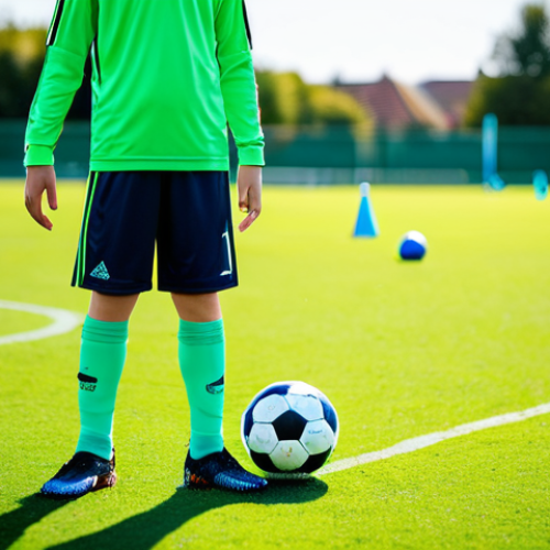 Young Footballer Training**

A young, talented football player in a modest training kit, practicing dribbling skills on a vibrant green football field, focus on footwork and ball control, training cones visible in the background, bright daylight, perfect anatomy, correct proportions, well-formed hands, proper finger count, natural body proportions, fully clothed, appropriate attire, safe for work, family-friendly, professional sports photography.

**