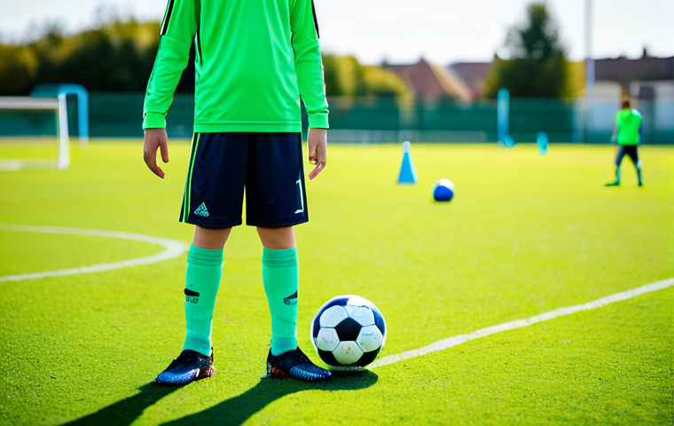 Young Footballer Training**

A young, talented football player in a modest training kit, practicing dribbling skills on a vibrant green football field, focus on footwork and ball control, training cones visible in the background, bright daylight, perfect anatomy, correct proportions, well-formed hands, proper finger count, natural body proportions, fully clothed, appropriate attire, safe for work, family-friendly, professional sports photography.

**