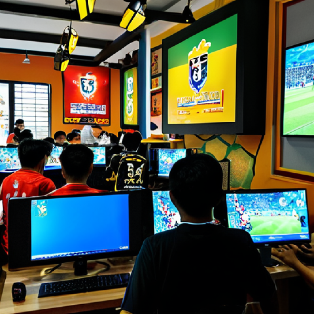 FC Online Community Gathering**

"A vibrant and friendly gathering of FC Online players at a local Malaysian gaming cafe (cyber cafe), fully clothed, appropriate attire, safe for work. Players are enthusiastically watching a match on a large screen, some are strategizing, others are celebrating. The cafe is decorated with FC Online banners and posters. Bright, cheerful atmosphere, perfect anatomy, natural proportions, professional, family-friendly.  Malaysian snacks and drinks on the tables."

**