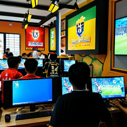 FC Online Community Gathering**

"A vibrant and friendly gathering of FC Online players at a local Malaysian gaming cafe (cyber cafe), fully clothed, appropriate attire, safe for work. Players are enthusiastically watching a match on a large screen, some are strategizing, others are celebrating. The cafe is decorated with FC Online banners and posters. Bright, cheerful atmosphere, perfect anatomy, natural proportions, professional, family-friendly.  Malaysian snacks and drinks on the tables."

**